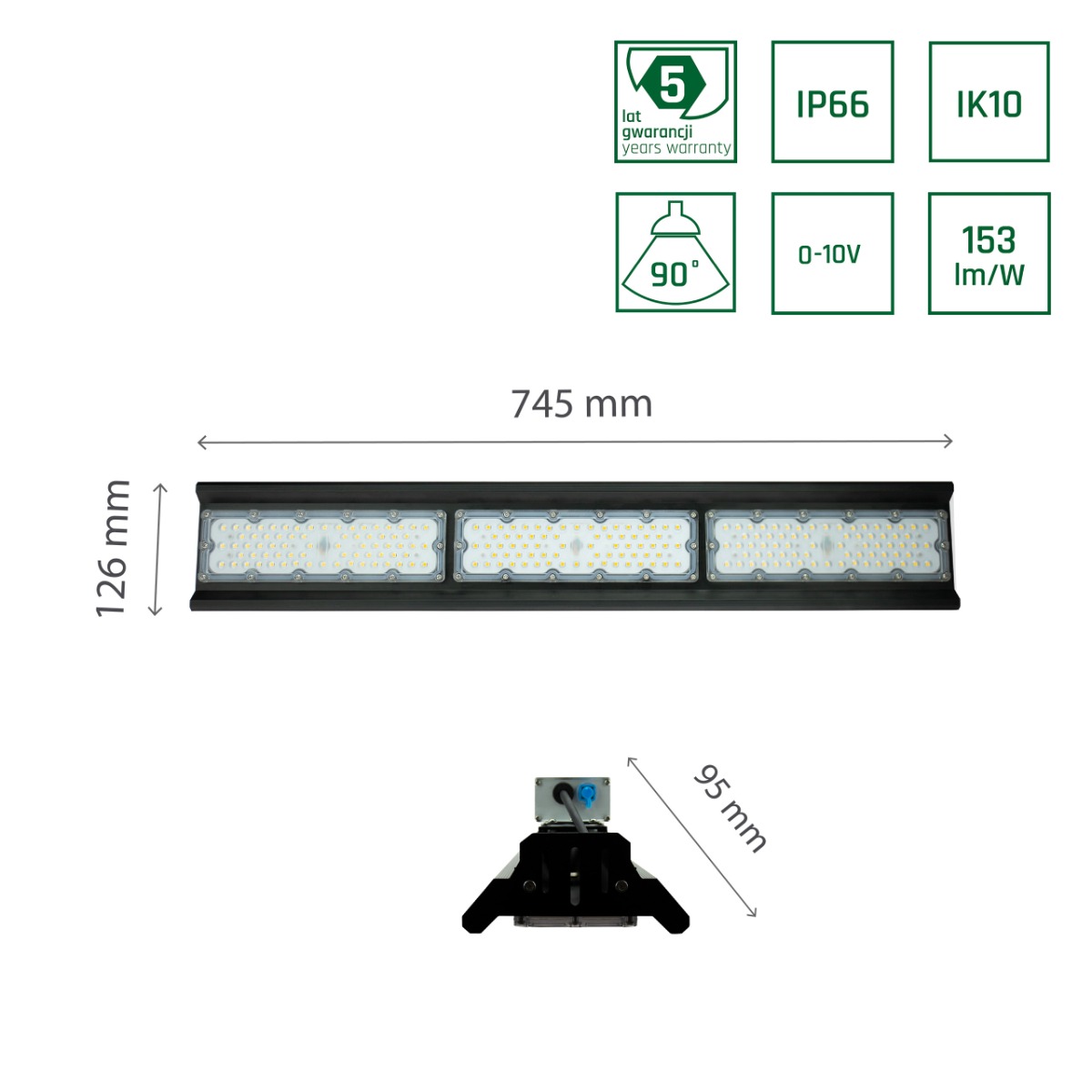 LED Hallenstrahler Linear Industrial 150W Stralingshoek 75x140° K4000 Lijnverlichting IP66 IK10